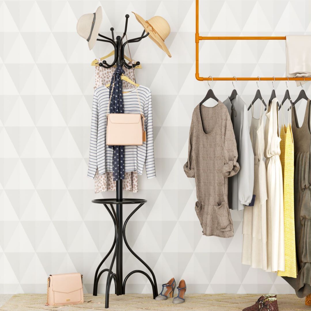 Modern Freestanding Metal Coat Stand with 12 Hooks for Bedroom Entryway-Triangular Base