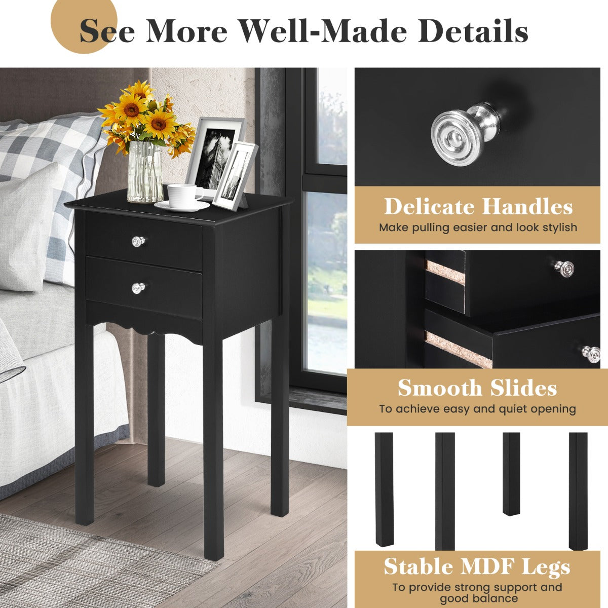 Modern Versatile Side Table with 2 Drawers-Black