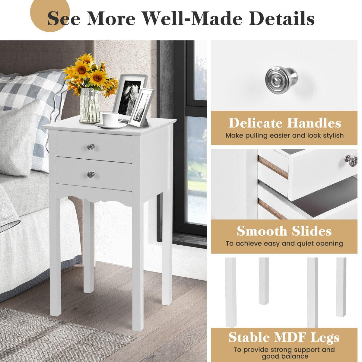 Modern Versatile Side Table with 2 Drawers-White