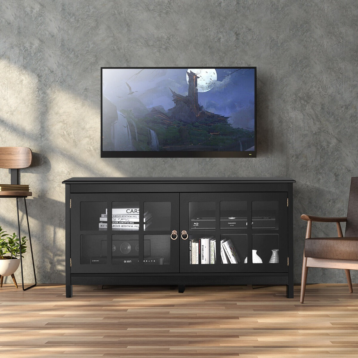 Modern Wooden TV Stand with Tempered Glass Doors for TVs up to 50''-Black