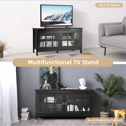 Modern Wooden TV Stand with Tempered Glass Doors for TVs up to 50''-Black
