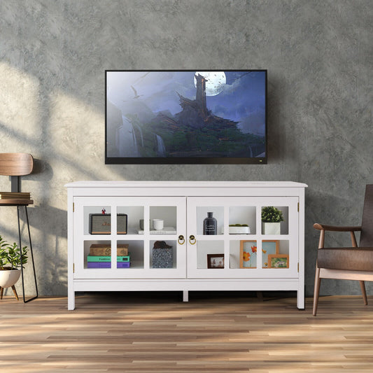Modern Wooden TV Stand with Tempered Glass Doors for TVs up to 50''-White