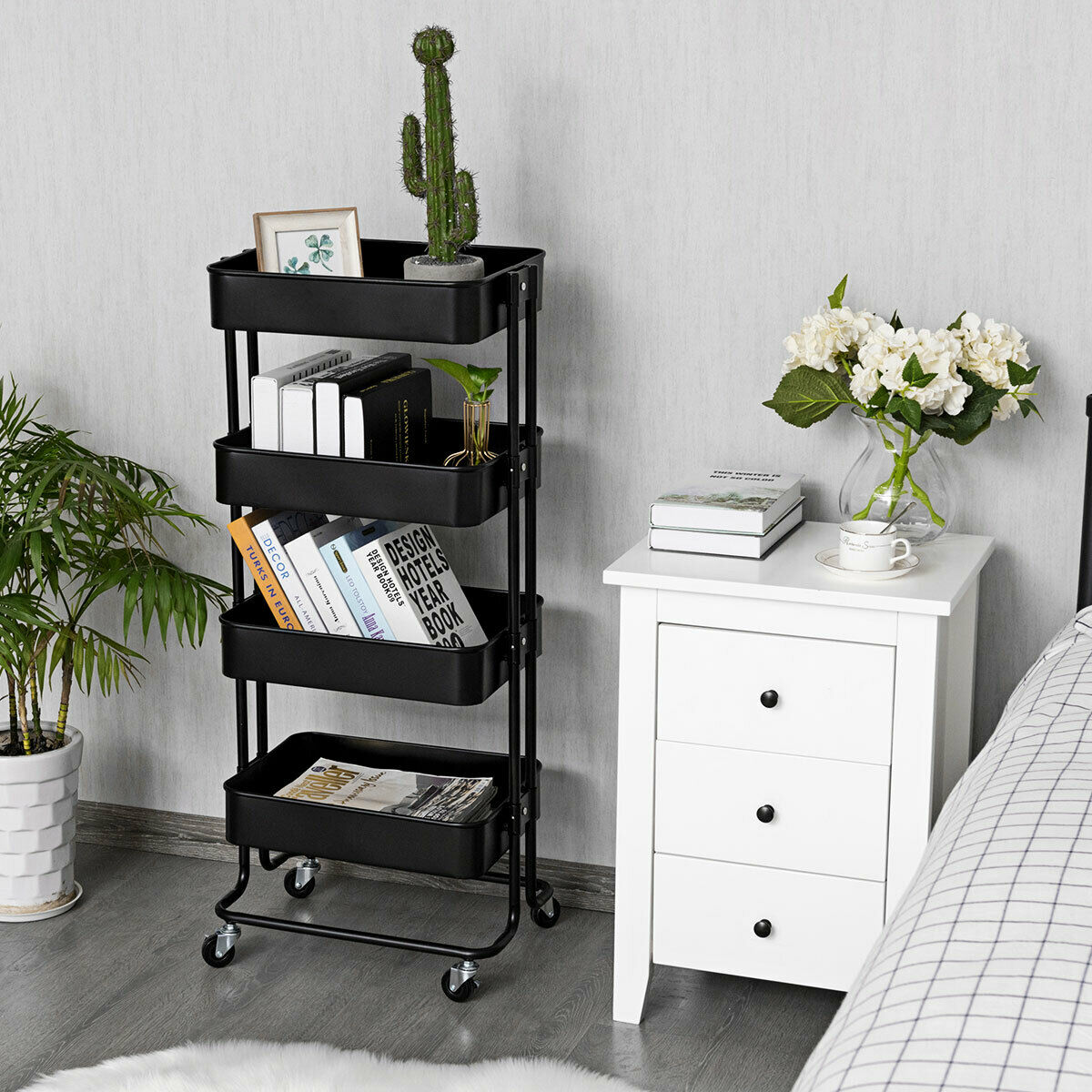 4-Tier Rolling Utility Cart with 4 Baskets and 2 Lockable Wheels-Black