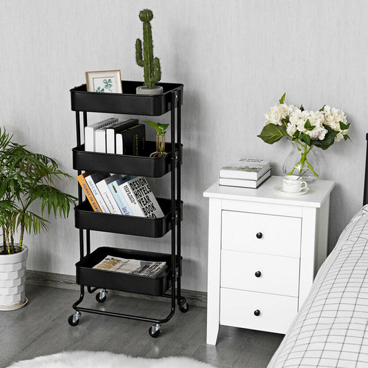 4-Tier Rolling Utility Cart with 4 Baskets and 2 Lockable Wheels-Black