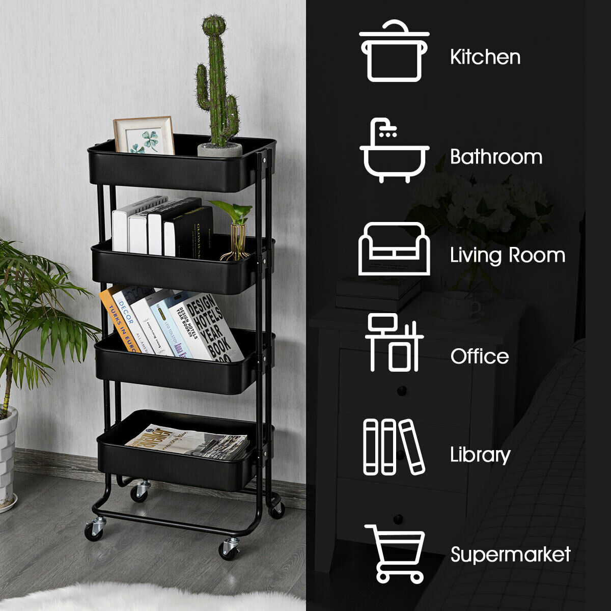 4-Tier Rolling Utility Cart with 4 Baskets and 2 Lockable Wheels-Black