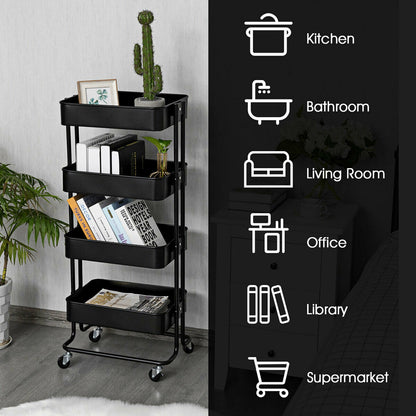 4-Tier Rolling Utility Cart with 4 Baskets and 2 Lockable Wheels-Black