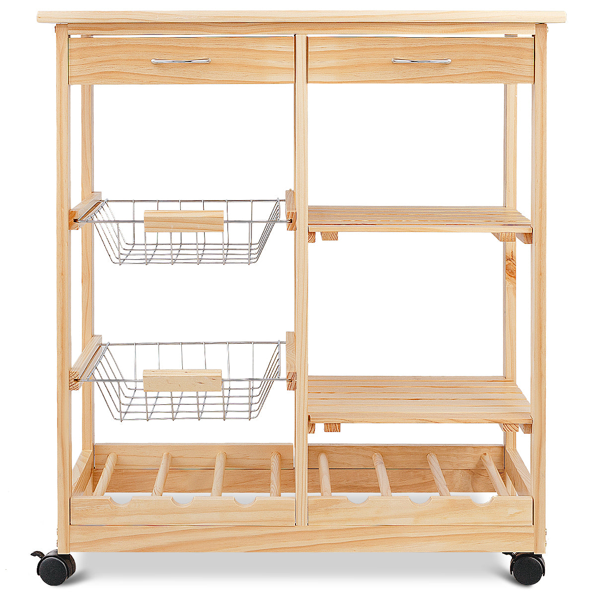 Wooden Rolling Kitchen Cart with Drawers Shelves Wire Baskets Wine Racks-Natural