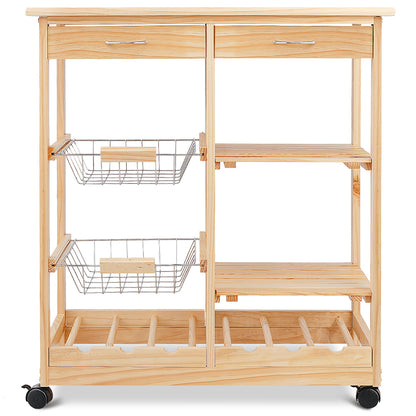 Wooden Rolling Kitchen Cart with Drawers Shelves Wire Baskets Wine Racks-Natural
