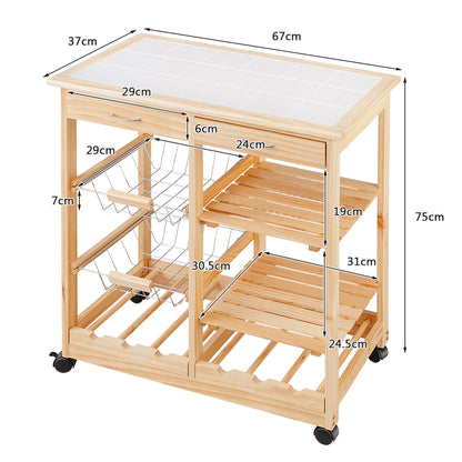 Wooden Rolling Kitchen Cart with Drawers Shelves Wire Baskets Wine Racks-Natural
