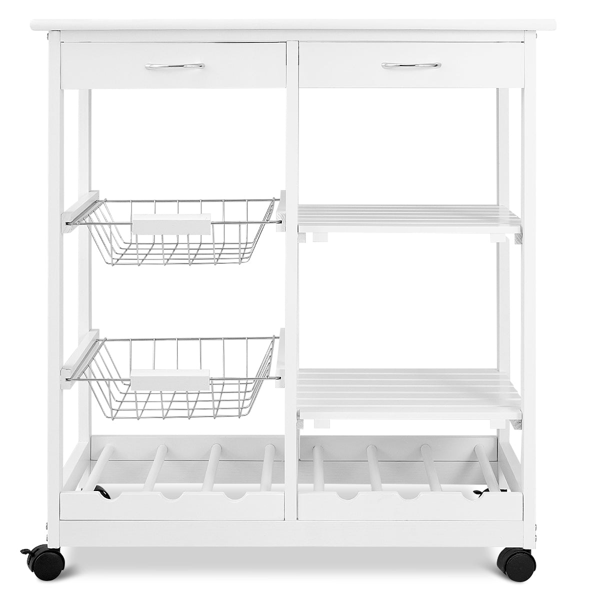Wooden Rolling Kitchen Cart with Drawers Shelves Wire Baskets Wine Racks-White