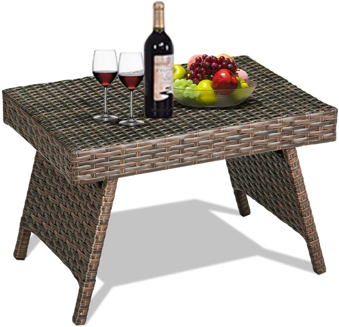 Mix Brown Patio Folding Rattan Side Coffee Table with Steel Frame