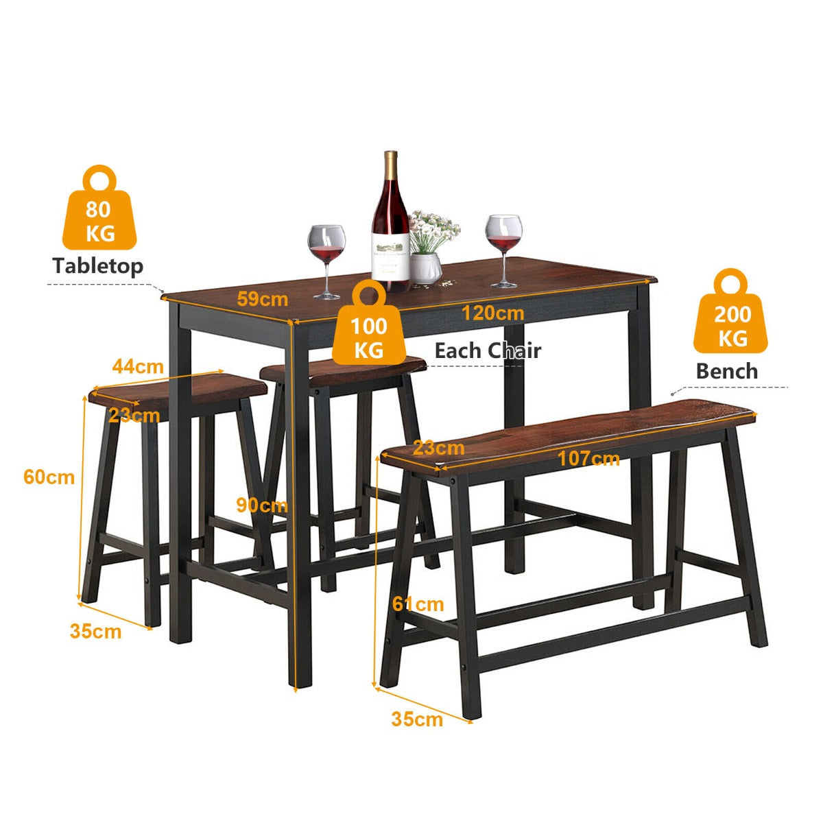 4 Pieces Dining Table and Chair Set Furniture with Bench and Stools-Coffee