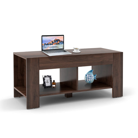 Lift Top Coffee Table with Storage Shelf-Brown