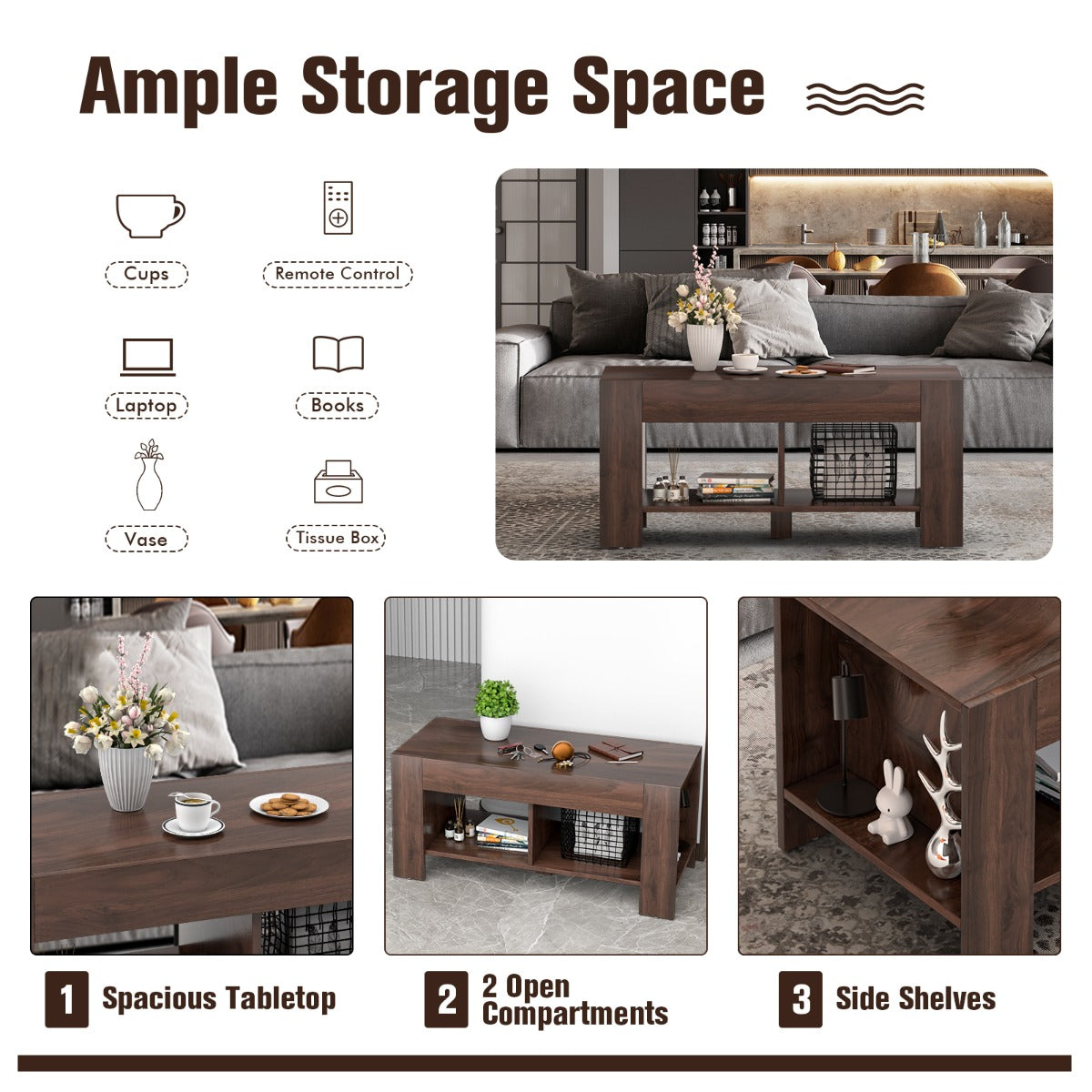 Lift Top Coffee Table with Storage Shelf-Brown