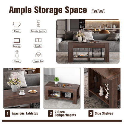 Lift Top Coffee Table with Storage Shelf-Brown