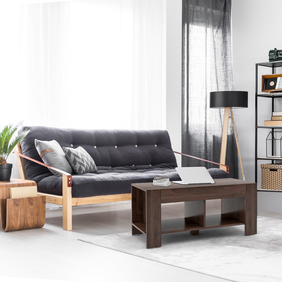 Lift Top Coffee Table with Storage Shelf-Brown