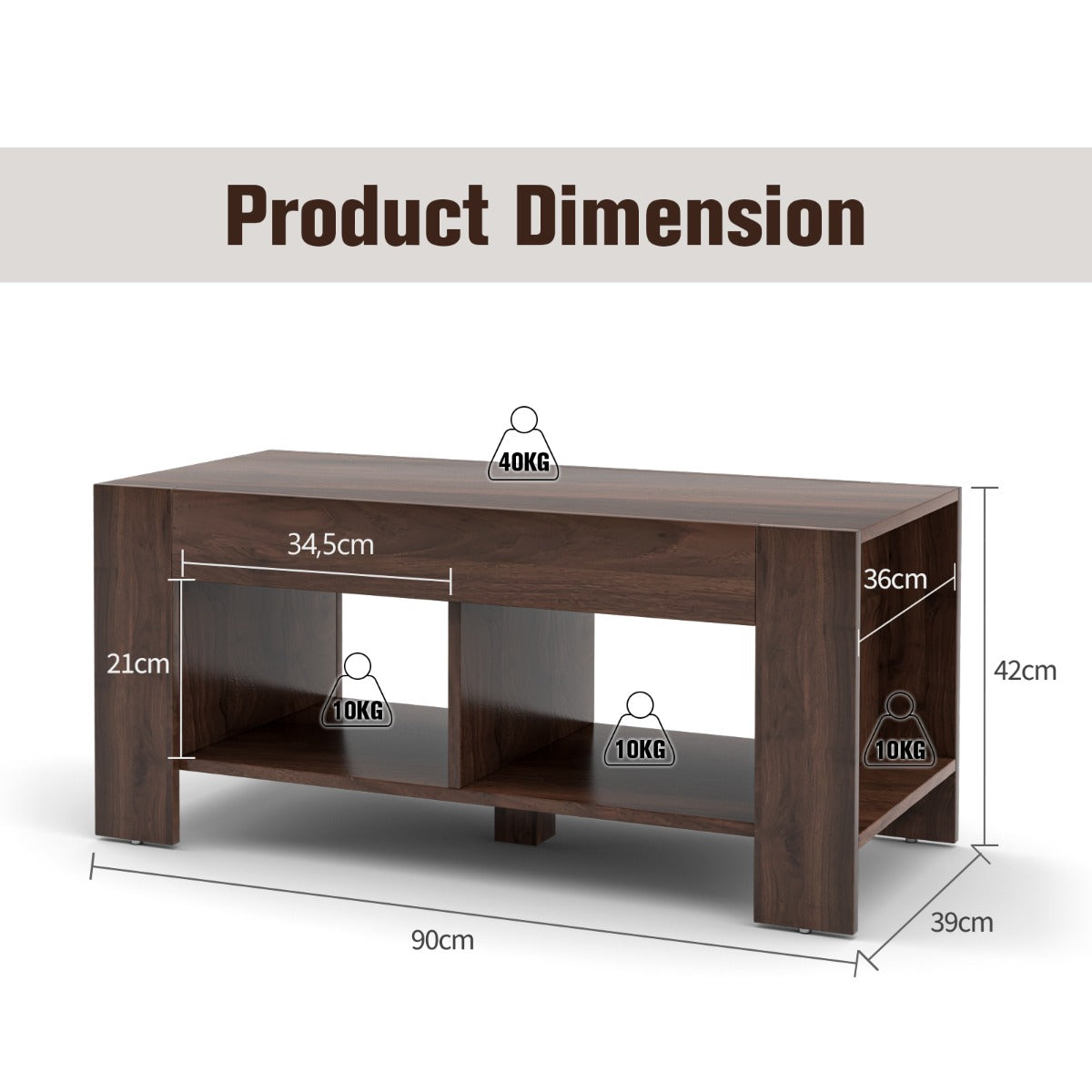 Lift Top Coffee Table with Storage Shelf-Brown
