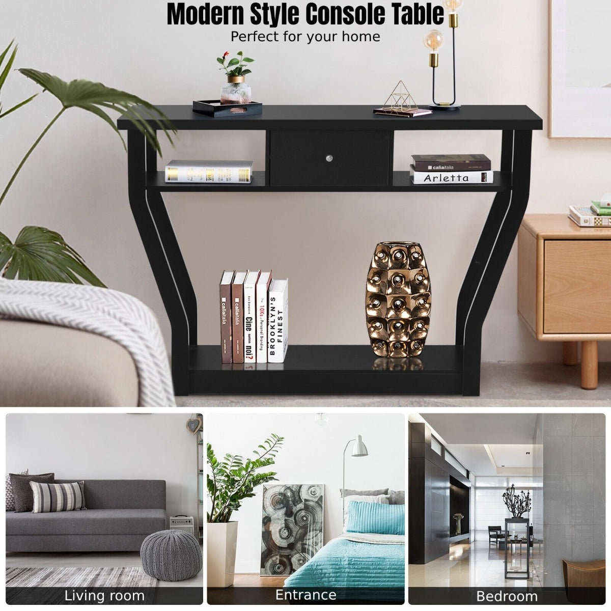 Wooden Slim Console Table with Anti-Tipping Device-Black