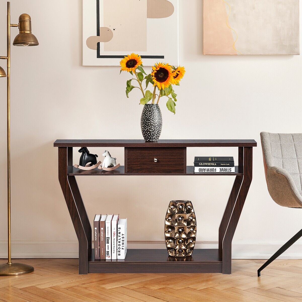 Wooden Slim Console Table with Anti-Tipping Device-Brown