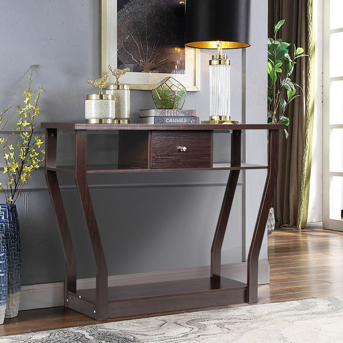 Wooden Slim Console Table with Anti-Tipping Device-Brown
