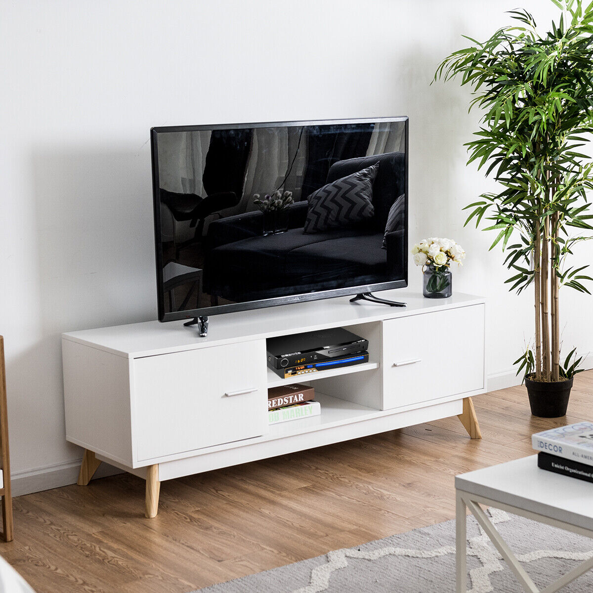 Modern Wooden TV Stand with Double Door and 2 Storage Shelves for TVs up to 60 Inches