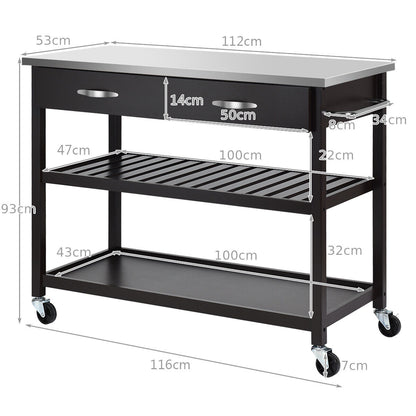 Rolling Kitchen Storage Trolley with 2 Drawers and Towel Bar-Brown