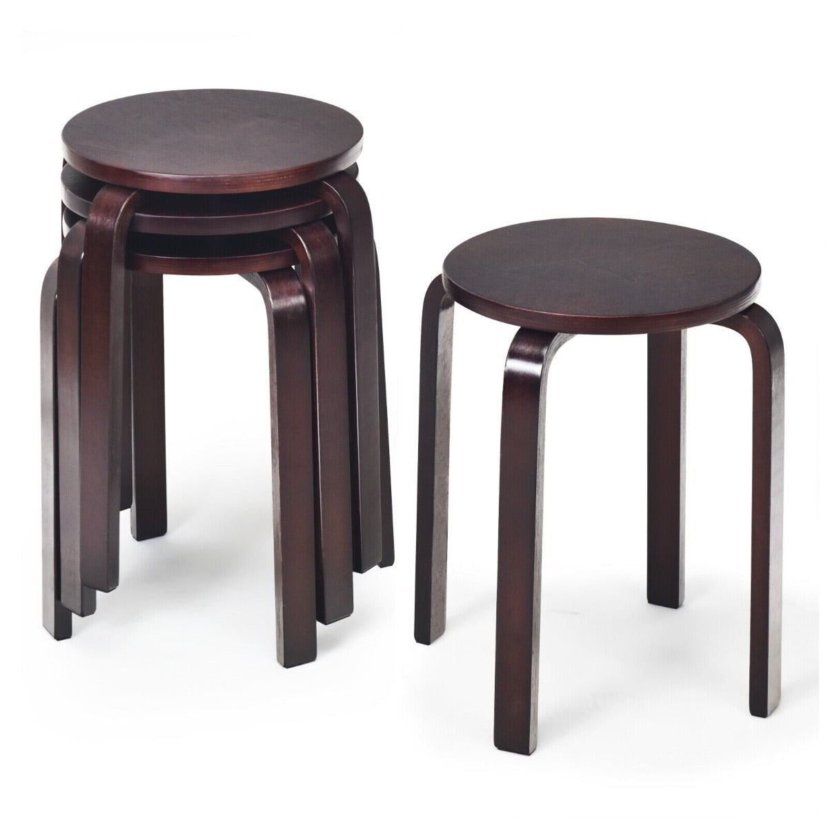 Set of 4 Stackable Dining Stools Bentwood Round Chairs-Deep Brown