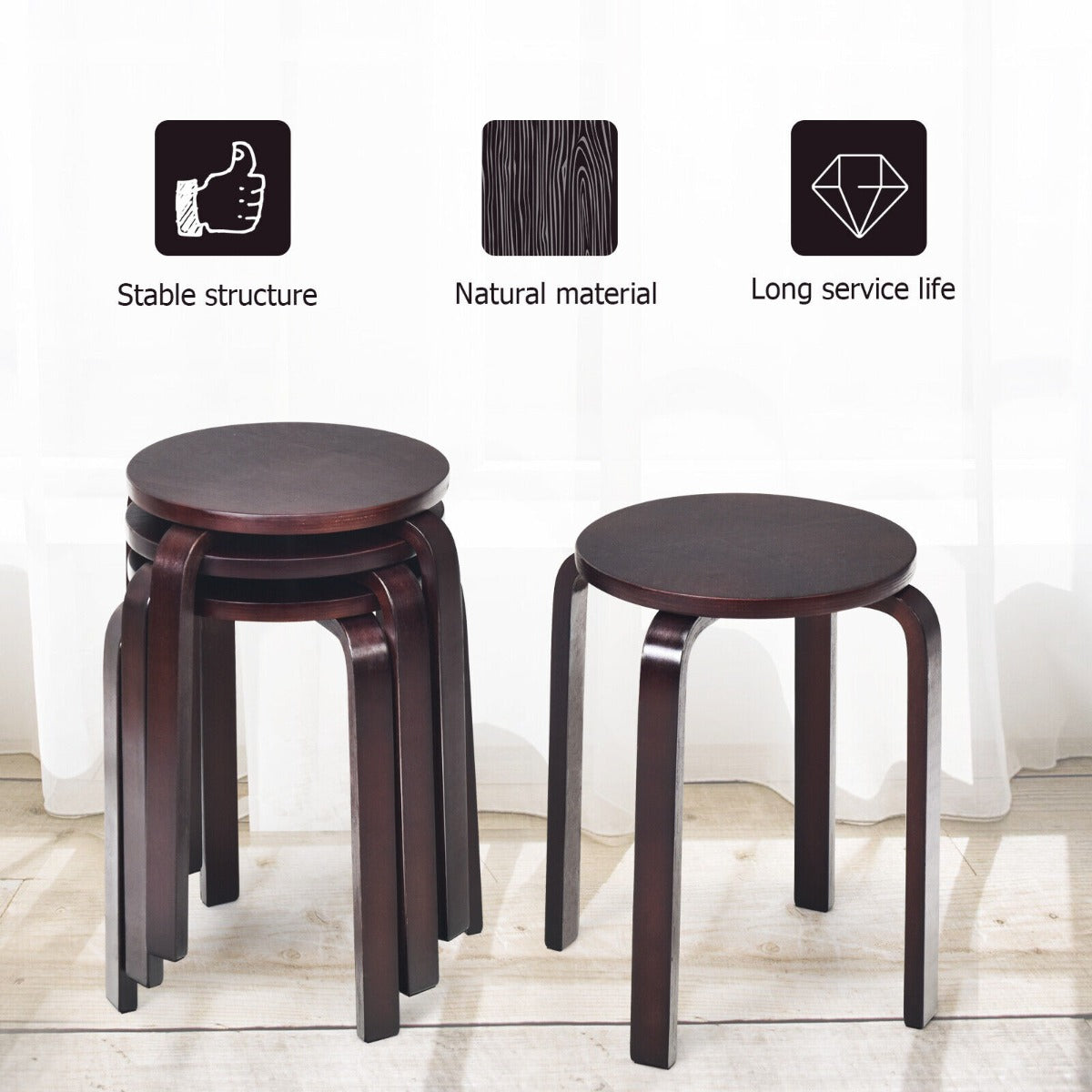 Set of 4 Stackable Dining Stools Bentwood Round Chairs-Deep Brown