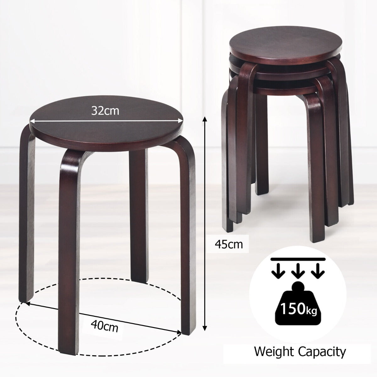 Set of 4 Stackable Dining Stools Bentwood Round Chairs-Deep Brown