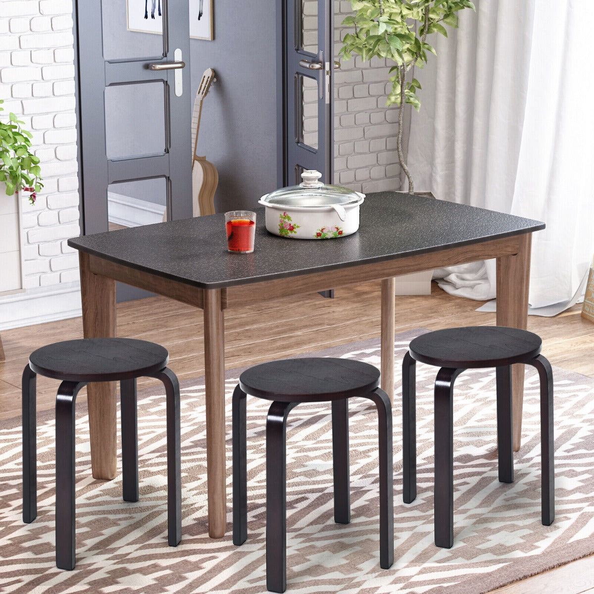 Set of 4 Stackable Dining Stools Bentwood Round Chairs-Deep Brown