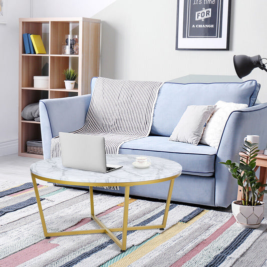 Modern Accent Faux Marble Round Coffee Table for Living Room Bedroom Office
