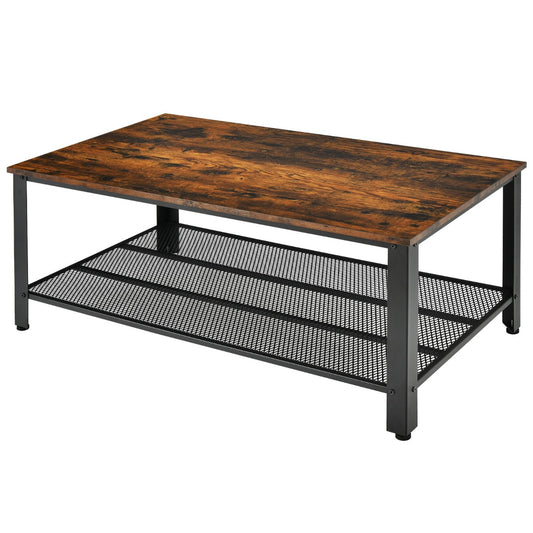 Retro Styled Coffee Table with Mesh Shelf-Rustic Brown