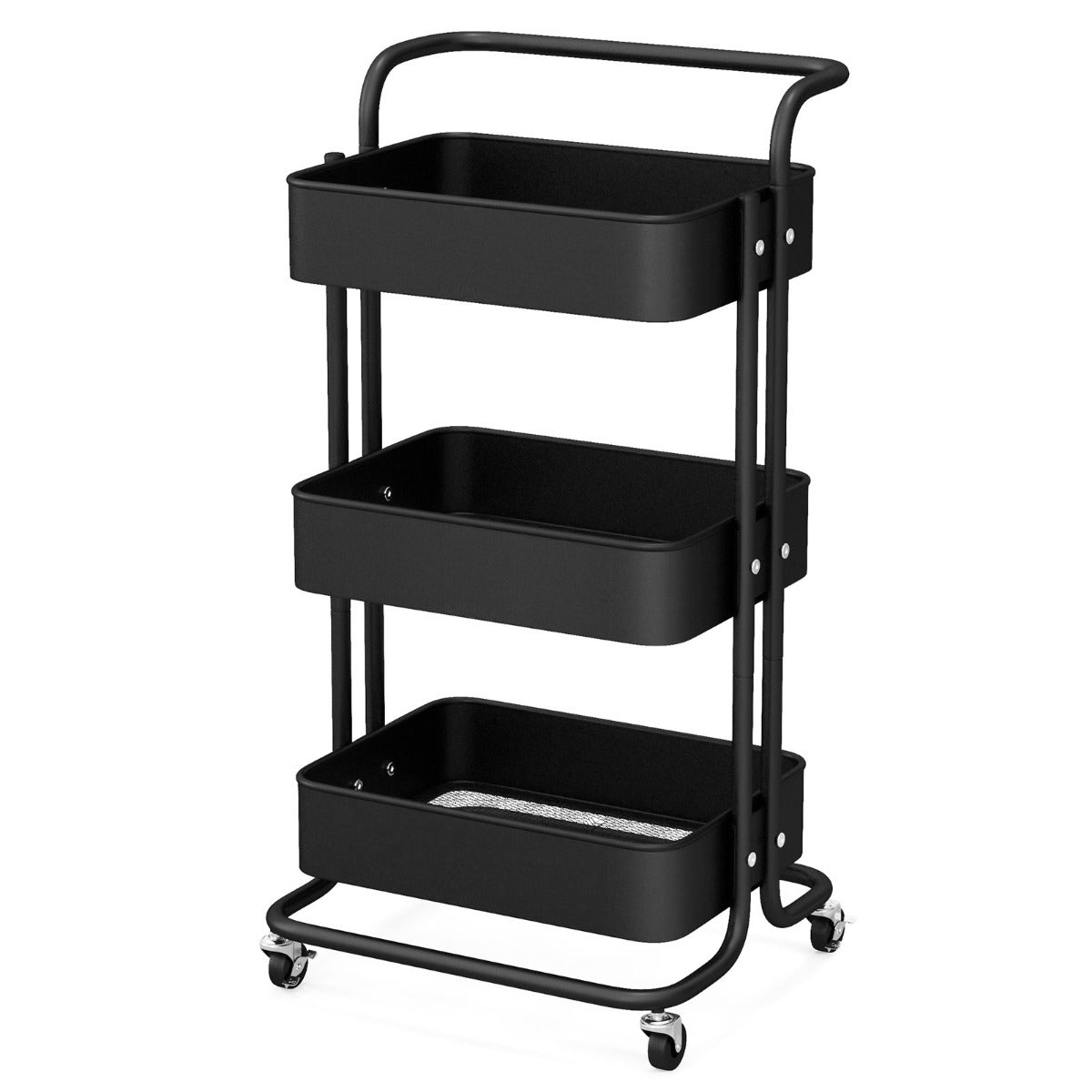 3-Tier Metal Rolling Utility Cart with Mesh Basket-Black