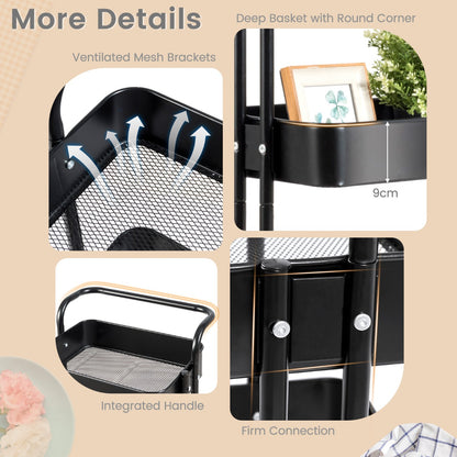 3-Tier Metal Rolling Utility Cart with Mesh Basket-Black