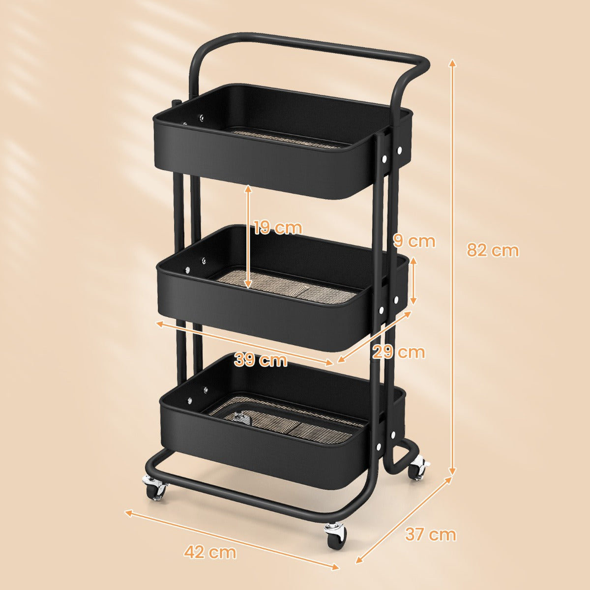 3-Tier Metal Rolling Utility Cart with Mesh Basket-Black