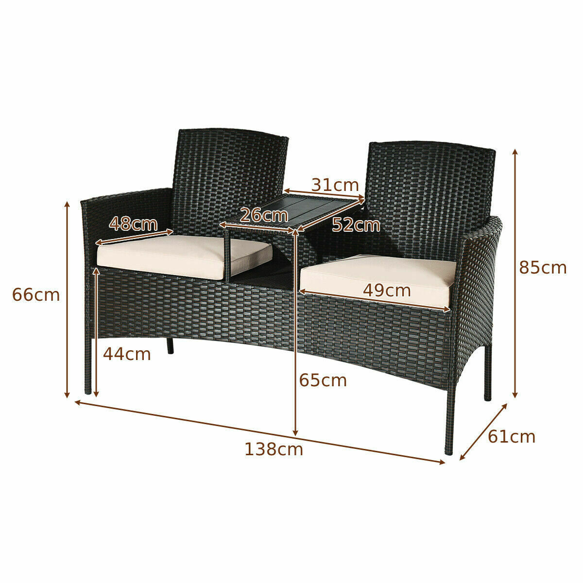 2-Seater Rattan Chair with Coffee Table and Removable Cushion-Khaki