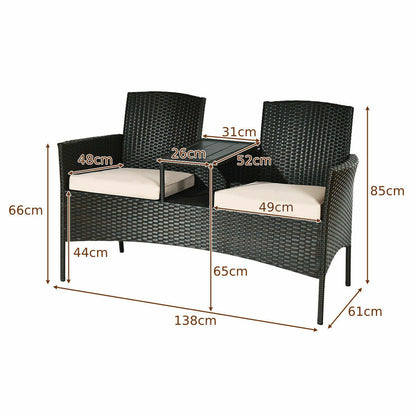 2-Seater Rattan Chair with Coffee Table and Removable Cushion-Khaki