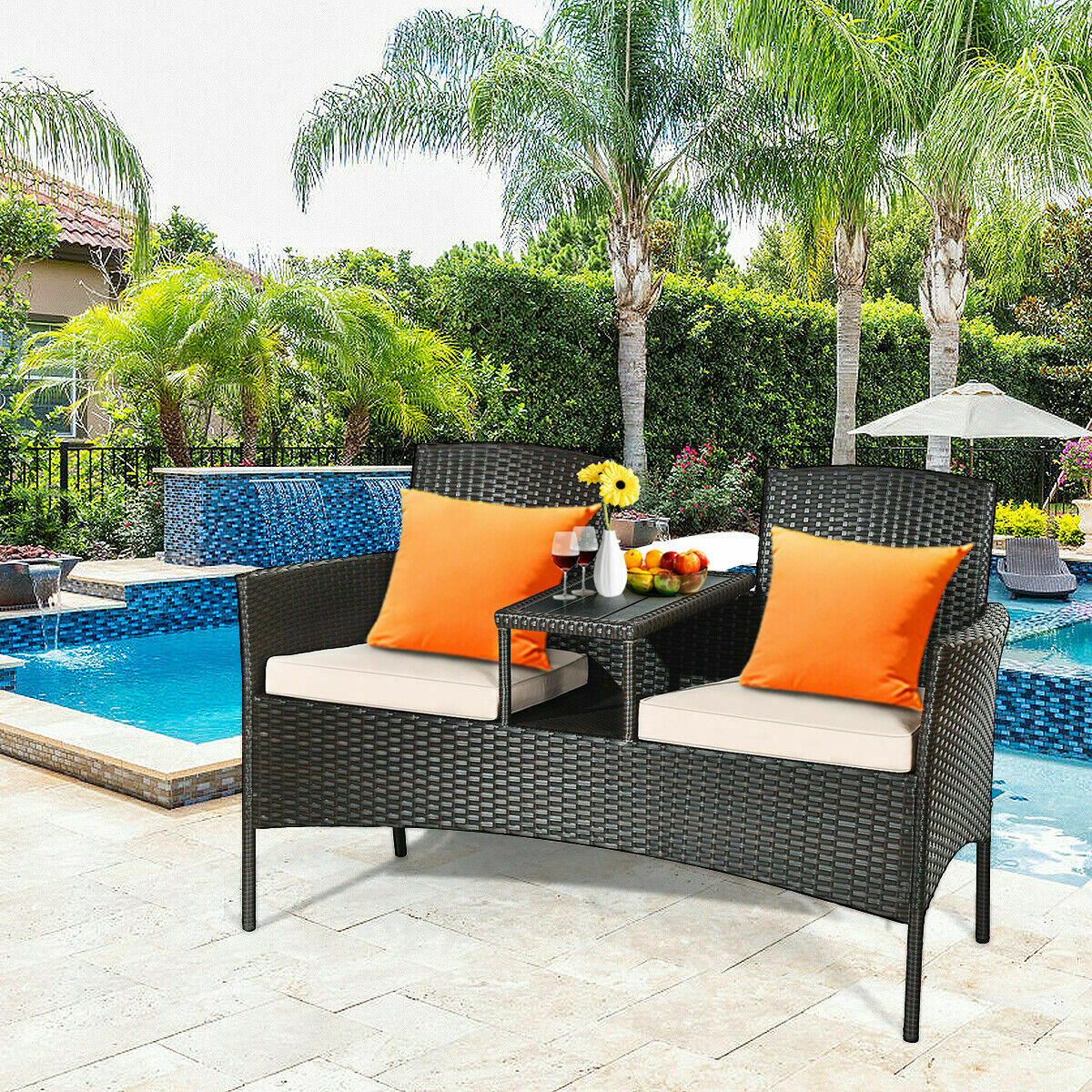 2-Seater Rattan Chair with Coffee Table and Removable Cushion-Khaki