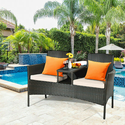 2-Seater Rattan Chair with Coffee Table and Removable Cushion-Khaki