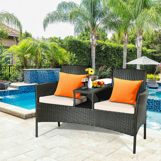 2-Seater Rattan Chair with Coffee Table and Removable Cushion-Khaki