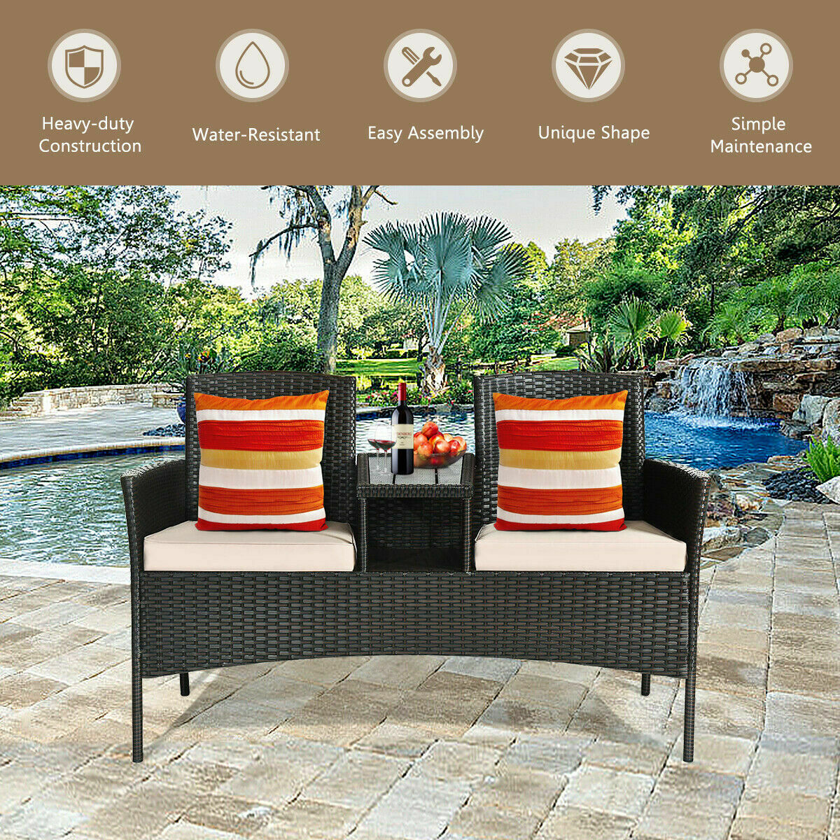 2-Seater Rattan Chair with Coffee Table and Removable Cushion-Khaki