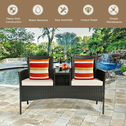 2-Seater Rattan Chair with Coffee Table and Removable Cushion-Khaki