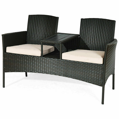 2-Seater Rattan Chair with Coffee Table and Removable Cushion-Khaki