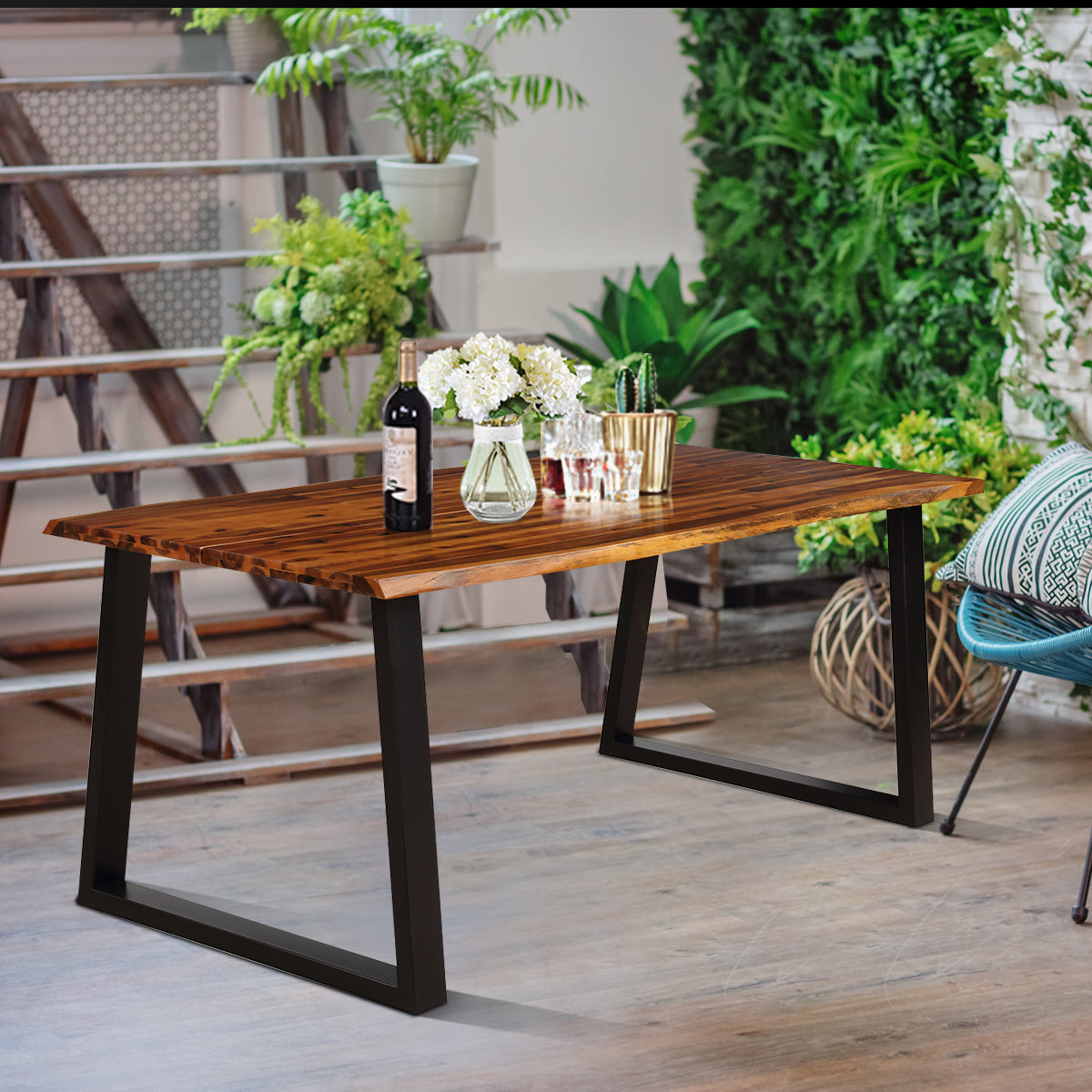 Solid Acacia Wood Dining Table with Metal Frame