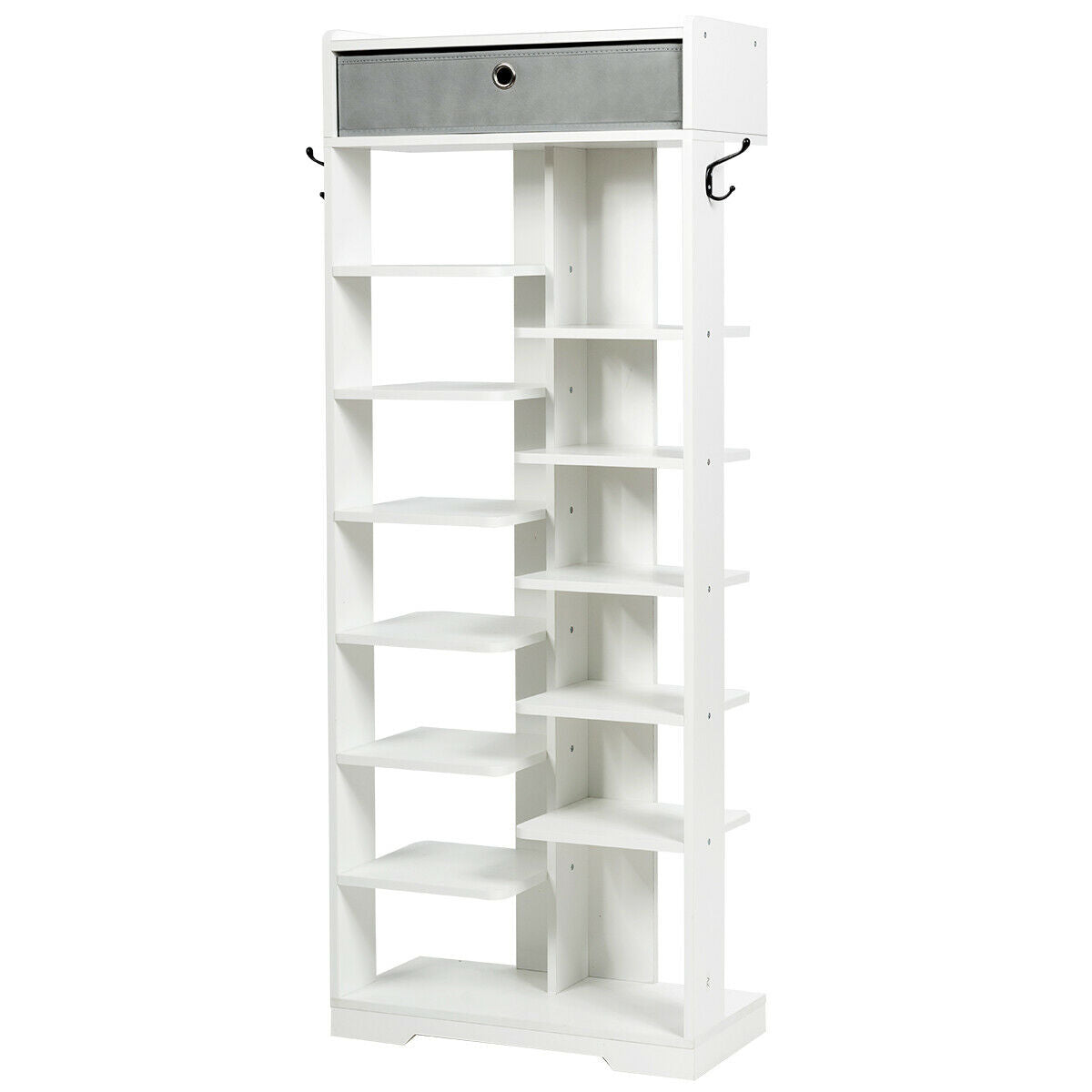 7+6 Tier Wooden Shoe Rack with Drawer and Hooks-White