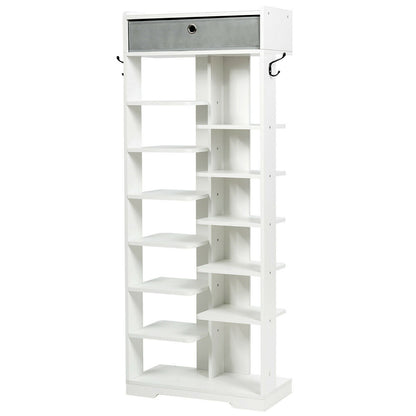 7+6 Tier Wooden Shoe Rack with Drawer and Hooks-White