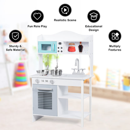 Kids Wooden Play Kitchen with Stove Oven Sink and Shelf