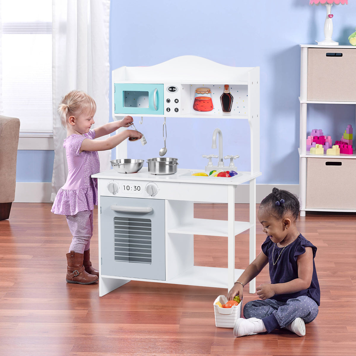 Kids Wooden Play Kitchen with Stove Oven Sink and Shelf