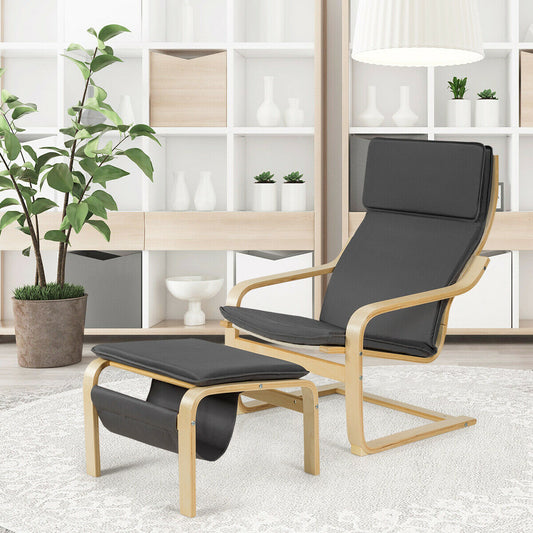 Wooden Lounge Chair with Footstool and Removable Cushion-Grey