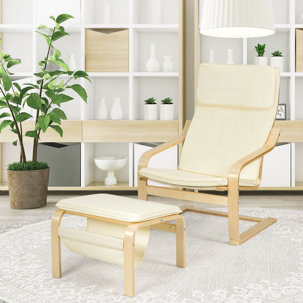 Wooden Lounge Chair with Footstool and Removable Cushion-White